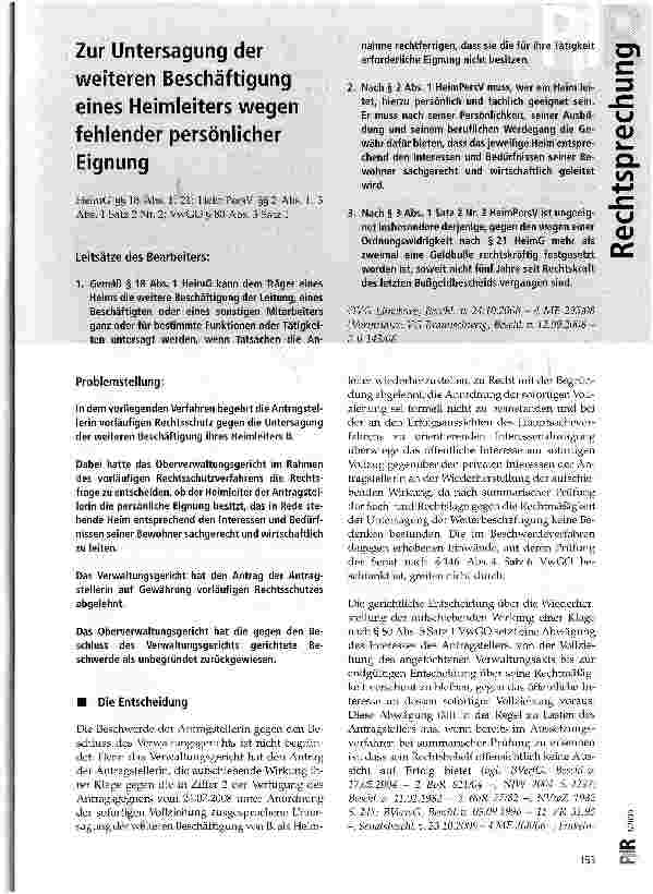 Vorschauseite 1: Zur Untersagung der weiteren Beschäftigung eines Heimleiters wegen fehlender persönlicher Eignung