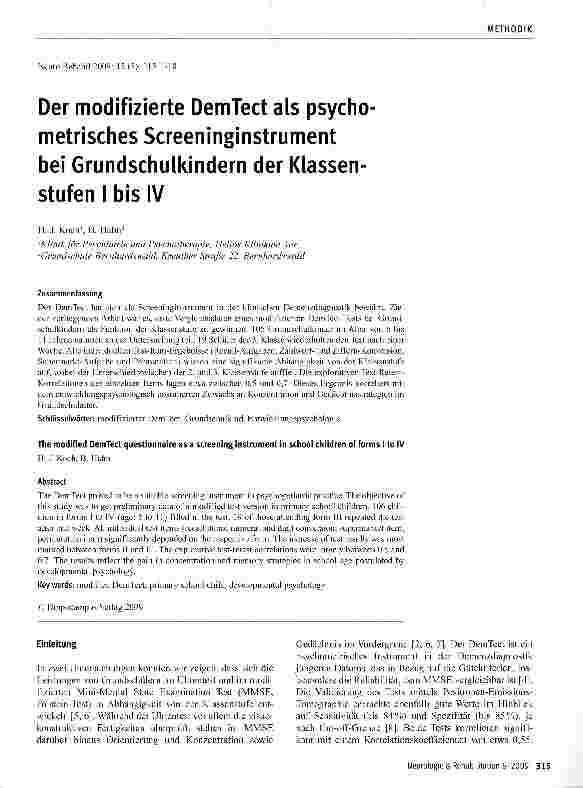 Vorschauseite 1: Der modifizierte DemTect als psycho metrisches Screeninginstrument bei Grundschulkindern der Klassenstufen I bis IV