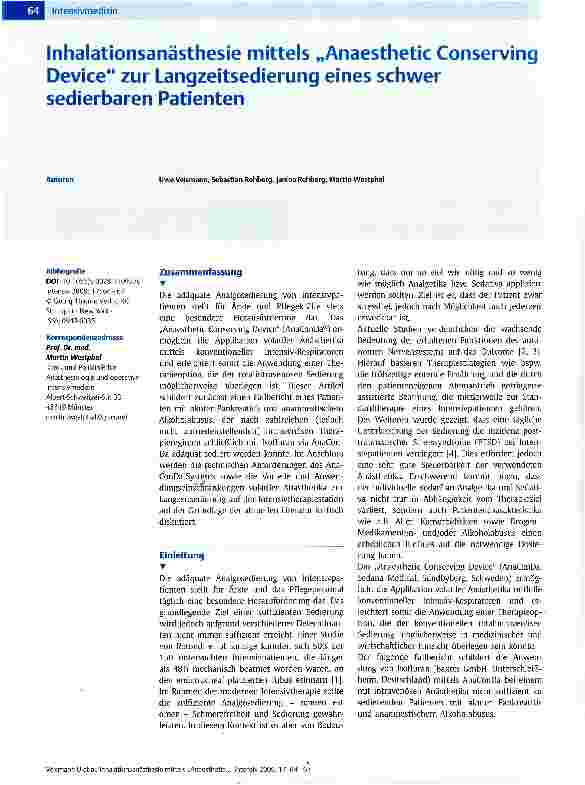 Vorschauseite 1: Inhalationsanästhesie mittels „Anaesthetic Conserving Device zur Langzeitsedierung eines schwer sedierbaren Patienten
