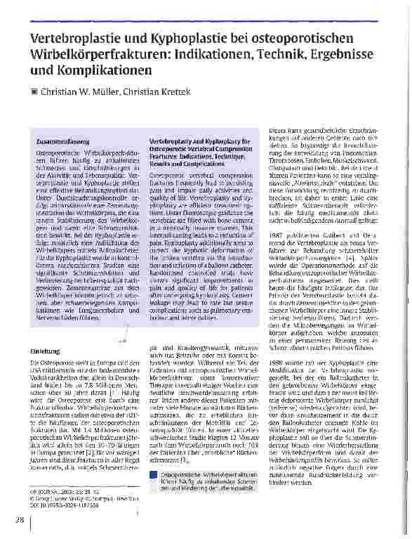Vorschauseite 1: Vertebroplastie und Kyphoplastie bei osteoporotischen Wirbelkörperfrakturen: Indikationen, Technik, Ergebnisse und Komplikationen