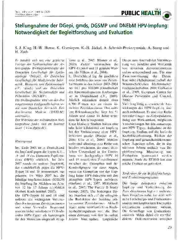 Vorschauseite 1: Stellungnahme der DGepi, gmds, DGSMP und DNEbM HPV-lmpfung: Notwendigkeit der Begleitforschung und Evaluation