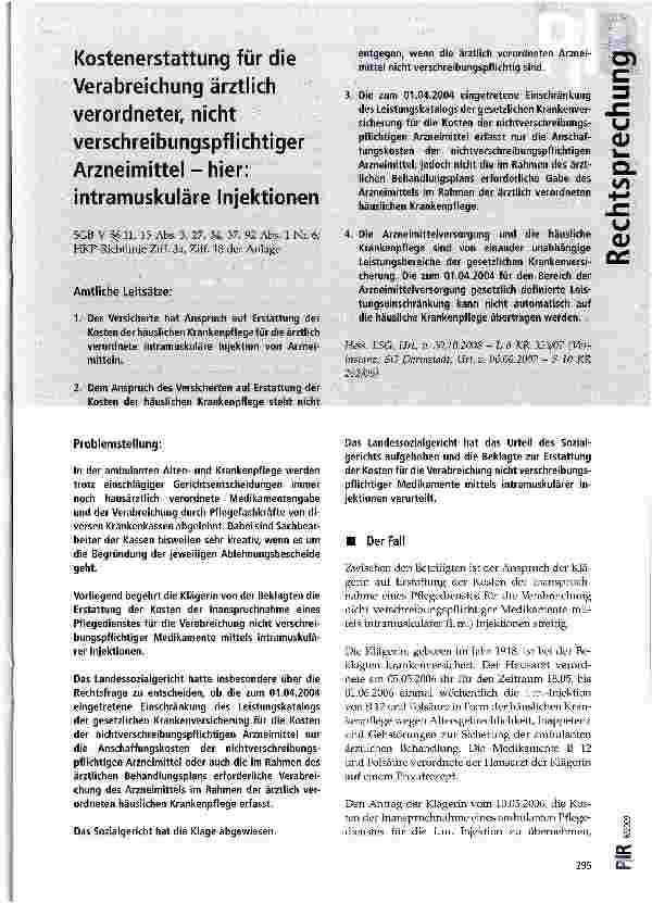 Vorschauseite 1: Kostenerstattung für die Verabreichung ärztlich verordneter, nicht verschreibungspf lichtiger Arzneimittel - hier: intramuskuläre Injektionen