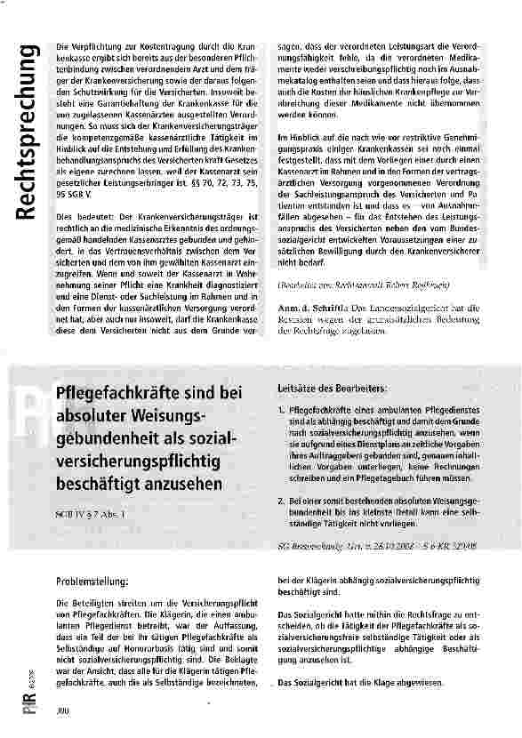 Vorschauseite 6: Kostenerstattung für die Verabreichung ärztlich verordneter, nicht verschreibungspf lichtiger Arzneimittel - hier: intramuskuläre Injektionen