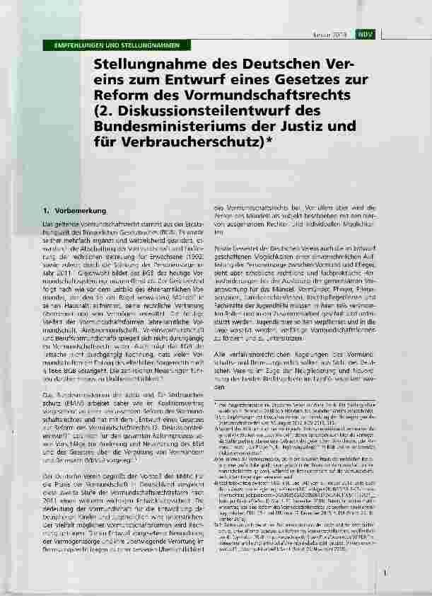 Vorschauseite 1: Stellungnahme des Deutschen Vereins zum Entwurf eines Gesetzes zur Reform des Vormundschaftsrechts (2. Diskussionsteilentwurf des Bundesministeriums der Justiz und für Verbraucher…