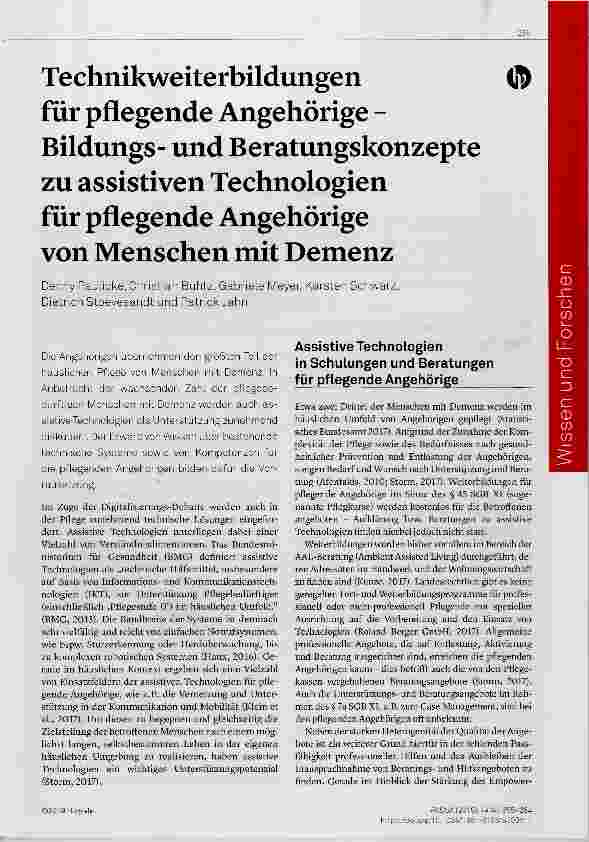 Vorschauseite 1: Technikweiterbildungen für pflegende Angehörige Bildungsund Beratungskonzepte zu assistiven Technologien für pflegende Angehörige von Menschen mit Demenz