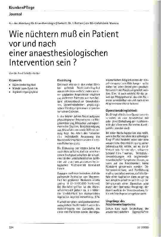 Vorschauseite 1: Wie nüchtern muß ein Patient vor und nach einer anaesthesiologischen Intervention sein?