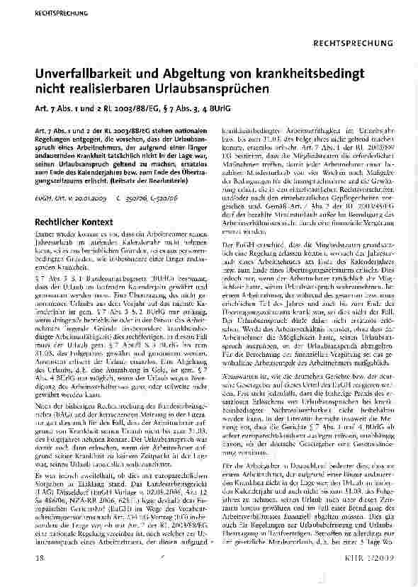 Vorschauseite 1: Unverfallbarkeit und Abgeltung von krankheitsbedingt nicht realisierbaren Urlaubsansprüchen
