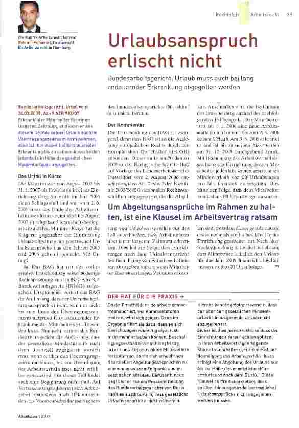 Vorschauseite 1: Urlaubsanspruch erlischt nichtBundesarbeitsgericht: Urlaub muss auch bei Lang andauernder Erkrankung abgegolten werden