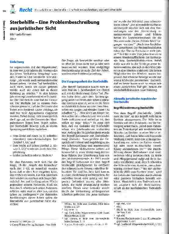 Vorschauseite 1: Sterbehilfe - Eine Problembeschreibung aus juristischer Sicht