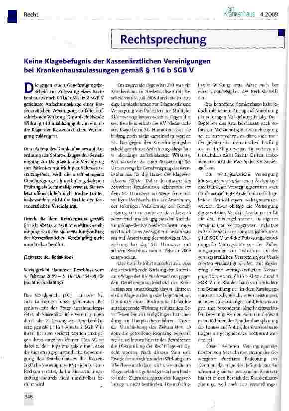 Vorschauseite 1: Keine Klagebefugnis der Kassenärztlichen Vereinigungen bei Krankenhauszulassungen gemäß § 116 b SGB V