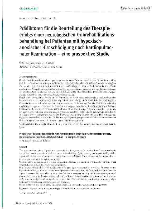 Vorschauseite 1: Prädiktoren für die Beurteilung des Therapieerfolgs einer neurologischen Frührehabilitationsbehandlung bei Patienten mit hypoxisch-anoxischer Hirnschädigung nach kardiopulmonaler…