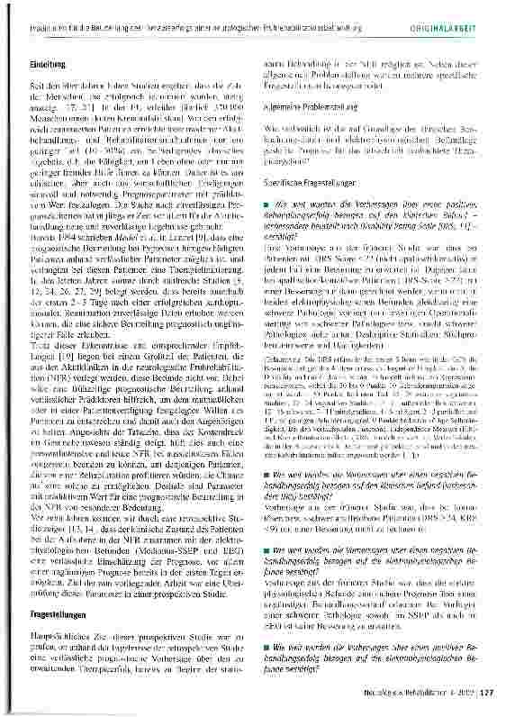 Vorschauseite 2: Prädiktoren für die Beurteilung des Therapieerfolgs einer neurologischen Frührehabilitationsbehandlung bei Patienten mit hypoxisch-anoxischer Hirnschädigung nach kardiopulmonaler…