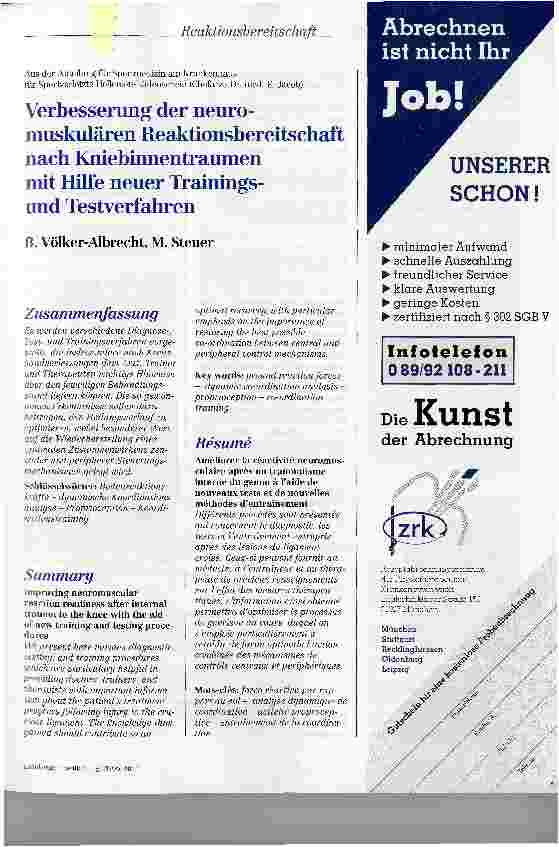 Vorschauseite 1: Verbesserung der neuro-muskulären Reaktionsbereitschaft nach Kniebinnentraumen mit Hilfe neuer Trainingsund Testverfahren