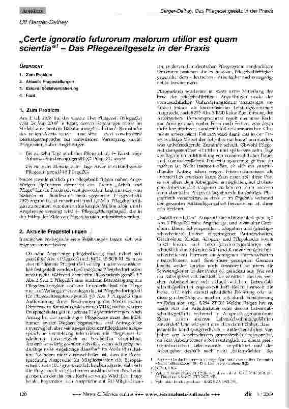 Vorschauseite 1: „Certe ignoratio futurorum malorum utilior est quam scientia1 - Das Pflegezeitgesetz in der Praxis