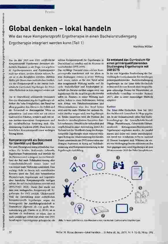 Vorschauseite 1: Global denken - lokal handeln Wie das neue Kompetenzprofil Ergotherapie in einen Bachelorstudiengang Ergotherapie integriert werden kann (Teil 1 )
