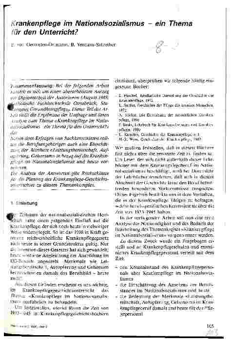 Vorschauseite 1: Krankenpflege im Nationalsozialismus - ein Thema für den Unterricht?
