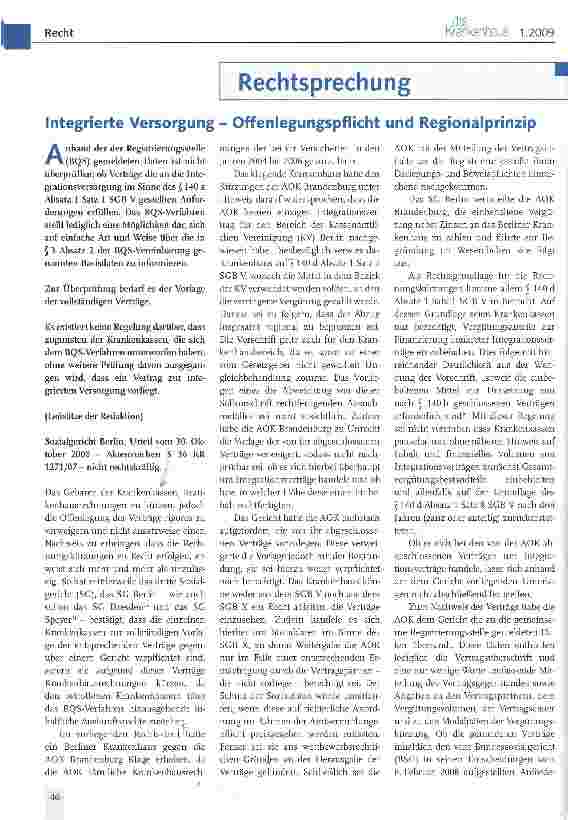 Vorschauseite 1: Integrierte Versorgung - Offenlegungspflicht und Regionalprinzip