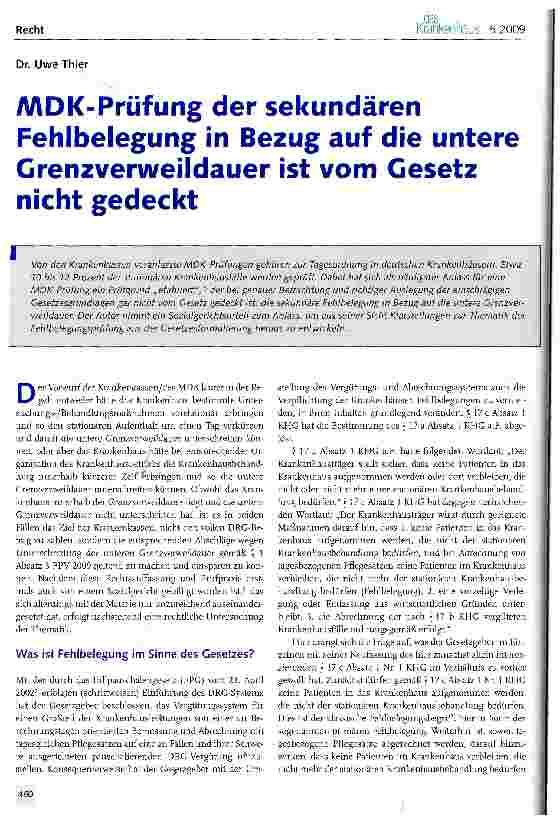 Vorschauseite 1: MDK-Prüfung der sekundären Fehlbelegung in Bezug auf die untere Grenzverweildauer ist vom Gesetz gedeckt