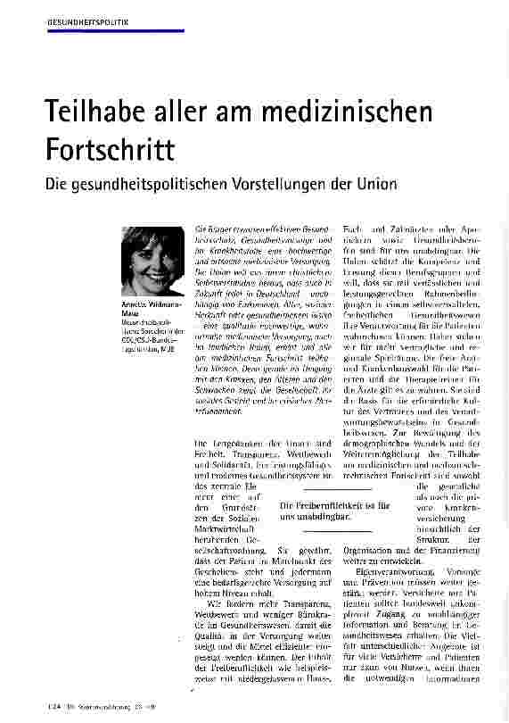 Vorschauseite 1: Teilhabe aller am medizinischen FortschrittDie gesundheitspolitischen Vorstellungen der Union