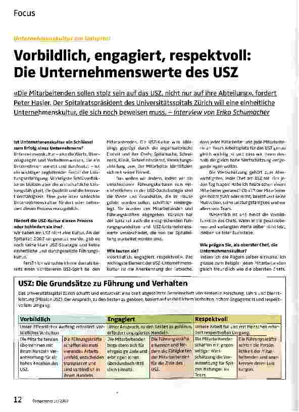 Vorschauseite 1: Vorbildlich, engagiert, respektvoll: Die Unternehmenswerte des USZ