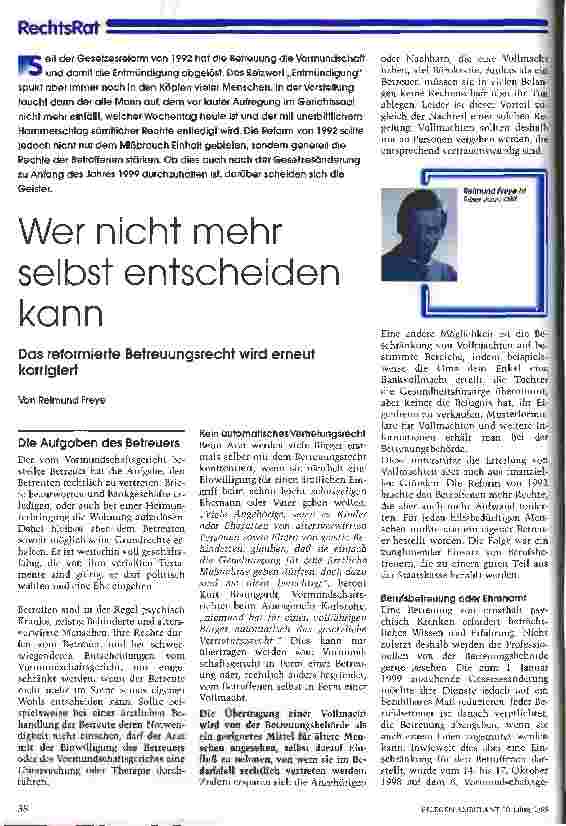 Vorschauseite 1: Wer nicht mehr selbst entscheiden kann Das reformierte Betreuungsrecht wird erneut korrigiert