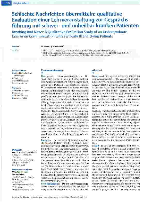 Vorschauseite 1: Schlechte Nachrichten übermitteln: qualitative Evaluation einer Lehrveranstaltung zur Gesprächsführung mit schwerund unheilbar kranken Patienten