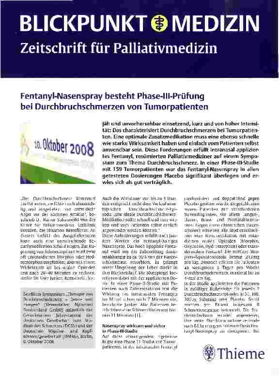 Vorschauseite 1: Fentanyl-Nasenspray besteht Phase-Ill-Prüfung bei Durchbruchschmerzen von Tumorpatienten