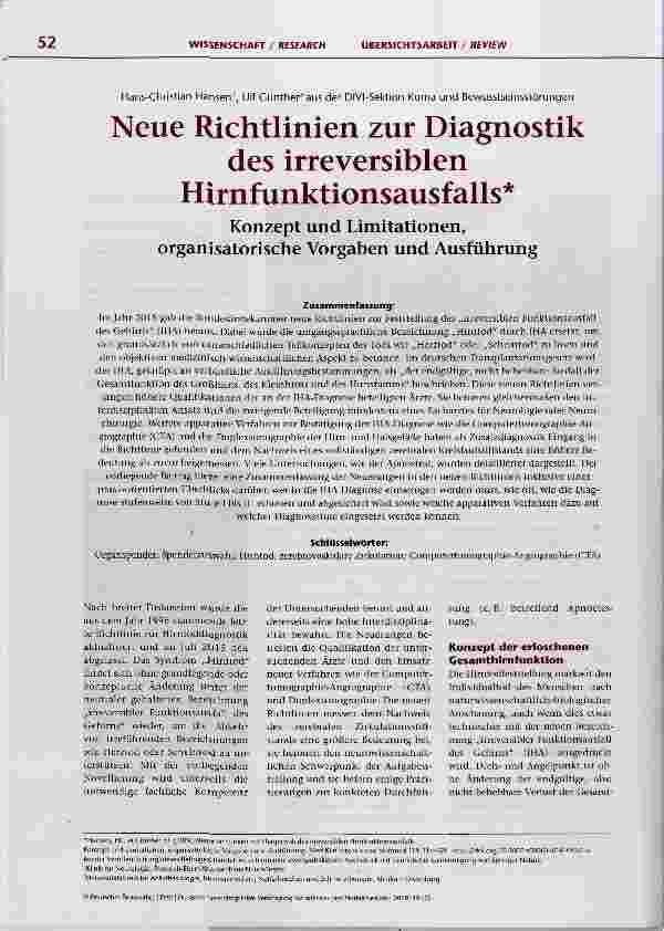 Vorschauseite 1: Neue Richtlinien zur Diagnostik des irreversiblen Hirnfunktionsausfalls