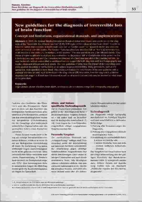 Vorschauseite 2: Neue Richtlinien zur Diagnostik des irreversiblen Hirnfunktionsausfalls