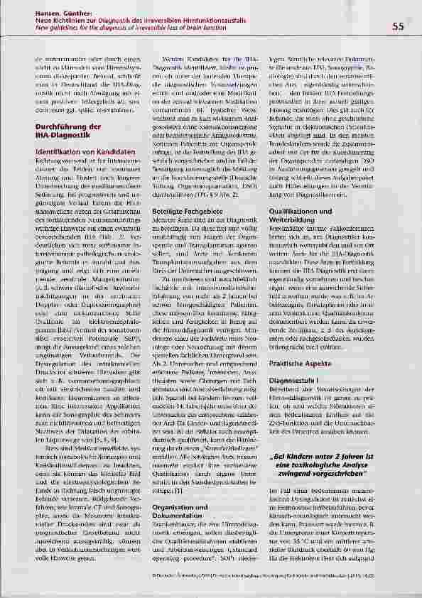 Vorschauseite 4: Neue Richtlinien zur Diagnostik des irreversiblen Hirnfunktionsausfalls