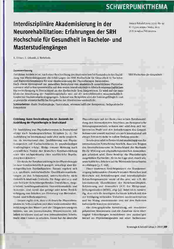 Vorschauseite 1: Interdisziplinäre Akademisierung in der Neurorehabilitation: Erfahrungen derSRH Hochschule für Gesundheit in Bachelorund Masterstudiengängen