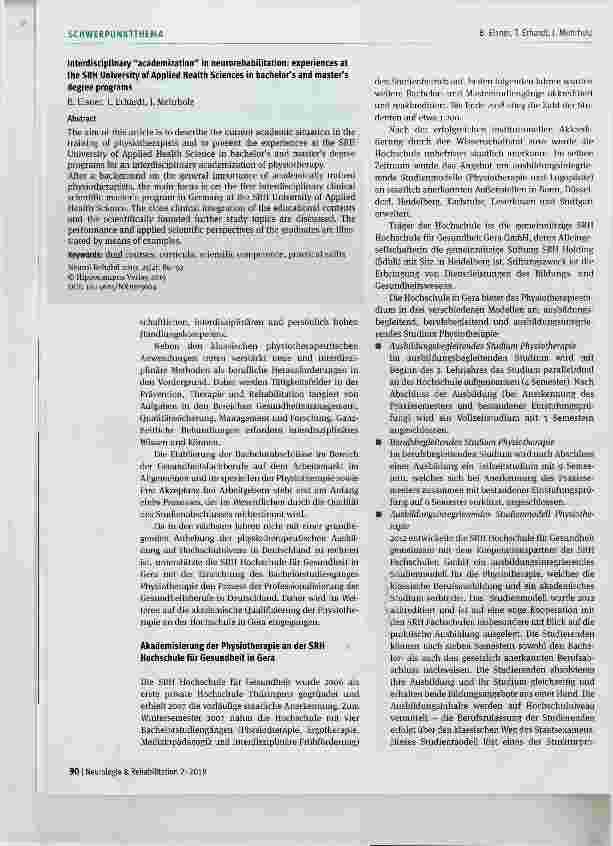 Vorschauseite 2: Interdisziplinäre Akademisierung in der Neurorehabilitation: Erfahrungen derSRH Hochschule für Gesundheit in Bachelorund Masterstudiengängen