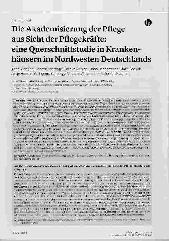 Vorschauseite 1: Die Akademisierung der Pflege aus Sicht der Pflegekräfte: eine Querschnittstudie in Krankenhäusern im Nordwesten Deutschlands
