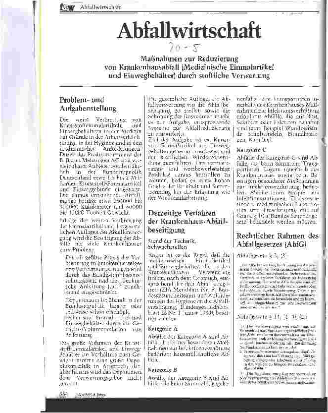Vorschauseite 1: Abfallwirtschaft - Maßnahmen zur Reduzierung von Krankenhausabfall (Medizinische Einmalartikel und Einwegbehälter) durch Verwertung