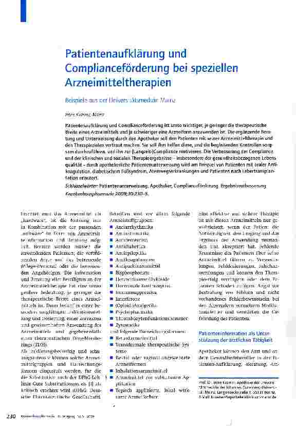 Vorschauseite 1: Patientenaufklärung und Complianceförderung bei speziellen Arzneimitteltherapien