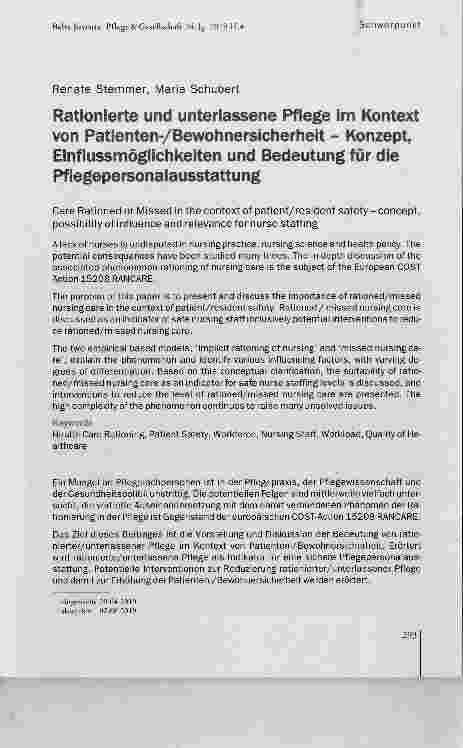 Vorschauseite 1: Rationierte und unterlassene Pflege im Kontext von Patienten-/Bewohnersicherheit - Konzept, Einflussmöglichkeiten und Bedeutung für die Pflegepersonalausstattung