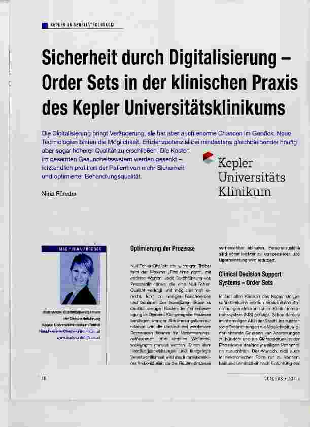 Vorschauseite 1: Sicherheit durch Digitalisierung - Order Sets in der klinischen Praxis des Kepler Universitätsklinikums