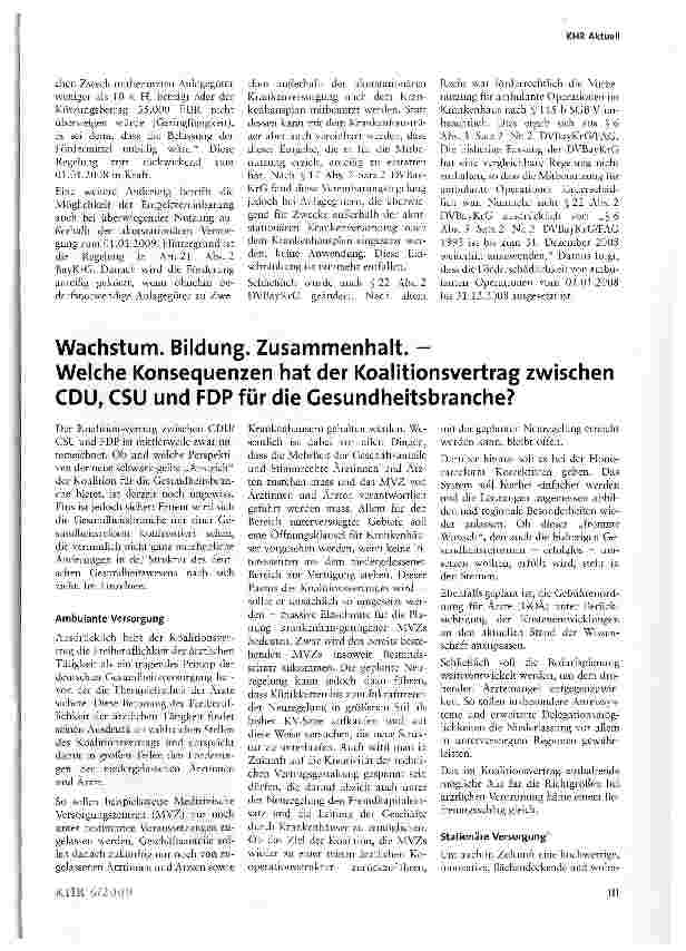 Vorschauseite 1: Wachstum. Bildung. Zusammenhalt. -Welche Konsequenzen hat der Koalitionsvertrag zwischen CDU, CSU und FDP für die Gesundheitsbranche?