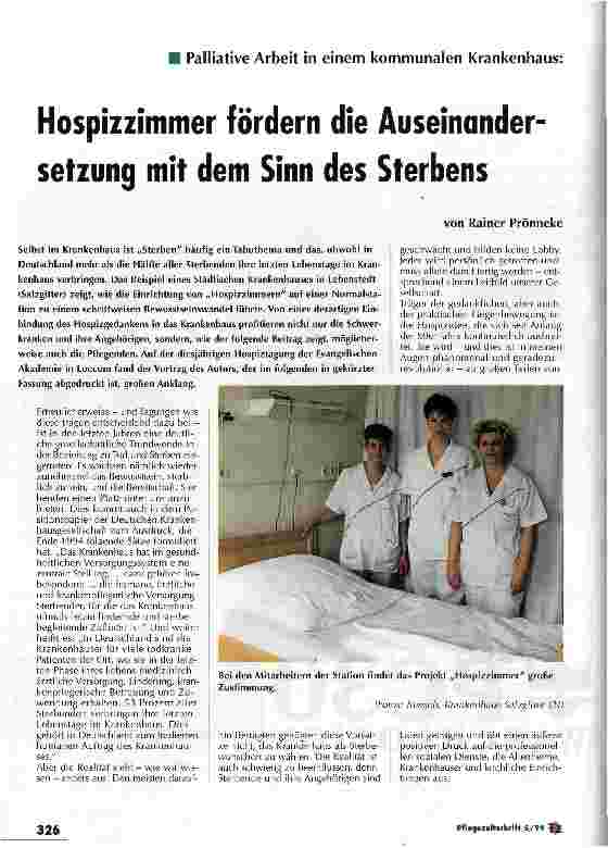 Vorschauseite 1: Hospizzimmer fördern die Auseinandersetzung mit dem Sinn des Sterbens Palliative Arbeit in einem kommunalen Krankenhaus