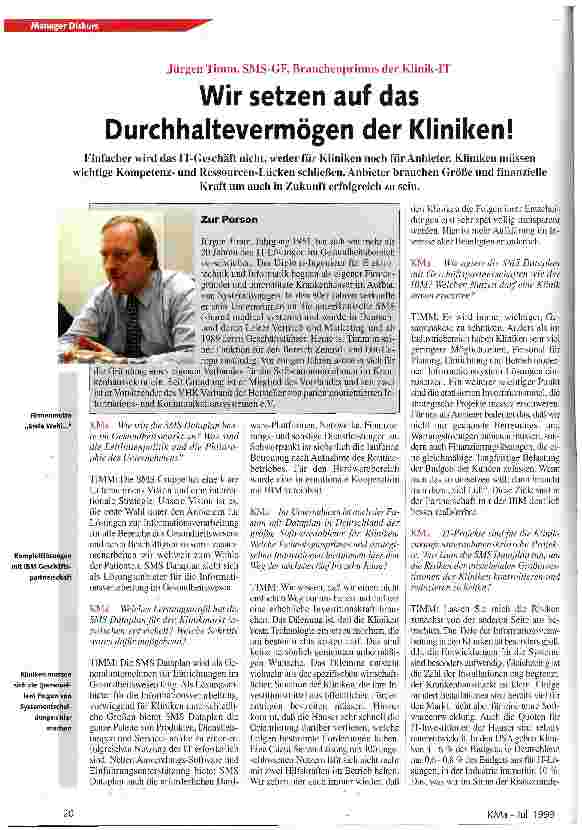 Vorschauseite 1: Wir setzen auf das Durchhaltevermögen der Kliniken! Jürgen Timm, SMS-GF, Brankhenprimus der Klinik-IT