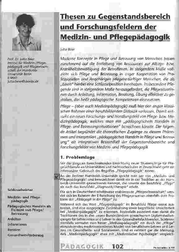 Vorschauseite 1: Thesen zu Gegenstandsbereich und Forschungsfeldern der Medizinund Pflegepädagogik
