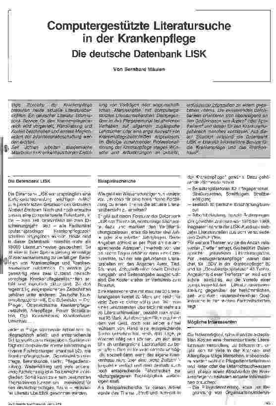 Vorschauseite 1: Computergestützte Literatursuche in der Krankenpflege Die deutsche Datenbank LISK
