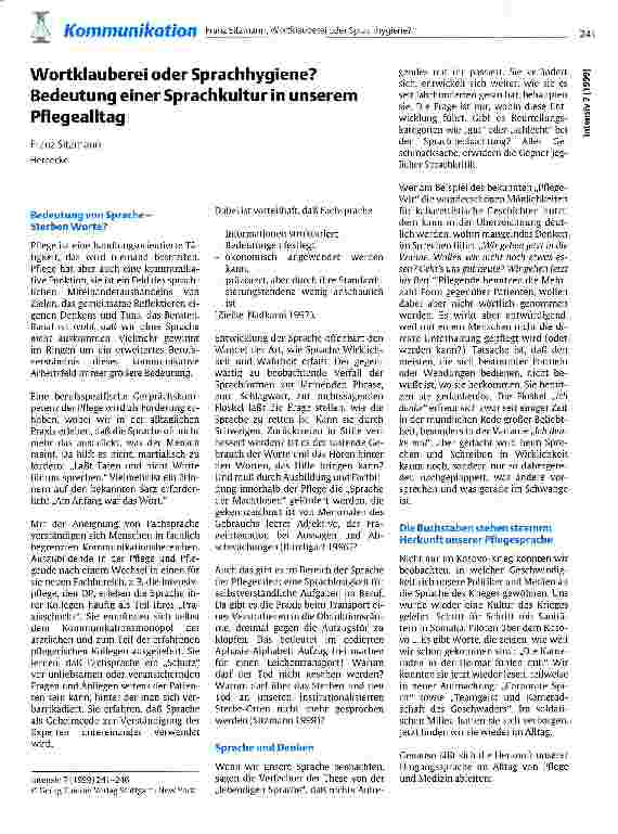 Vorschauseite 1: Wortklauberei oder Sprachhygiene? Bedeutung einer Sprachkultur in unserem Pflegealltag