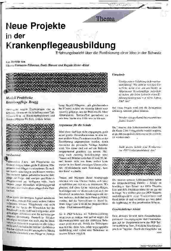 Vorschauseite 1: Neue Projekte in der Krankenpflegeausbildung Erfahrungsbericht über die Realisierung einer Idee in der Schweiz