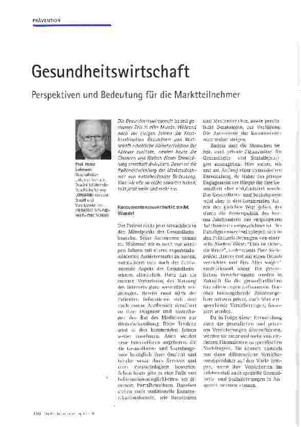 Vorschauseite 1: Gesundheitswirtschaft Perspektiven und Bedeutung für die Marktteilnehmer