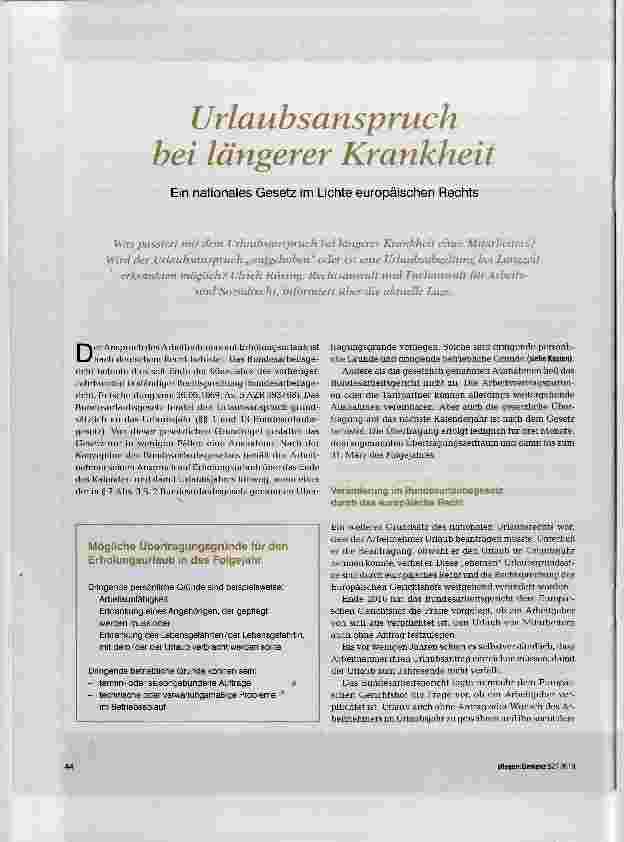 Vorschauseite 1: Urlaubsanspruch bei längerer Krankheit