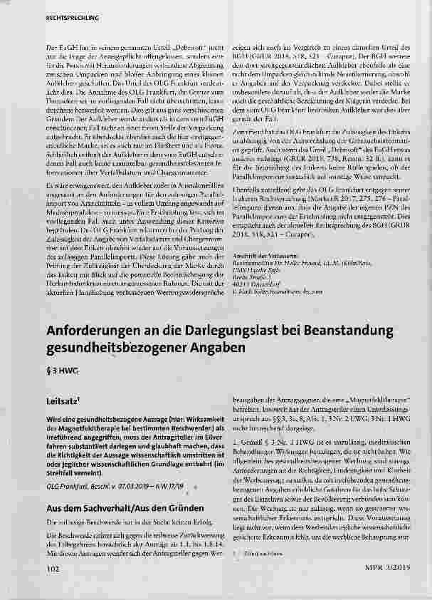 Vorschauseite 1: Anforderungen an die Darlegungslast bei Beanstandung gesundheitsbezogener Angaben §3HWG