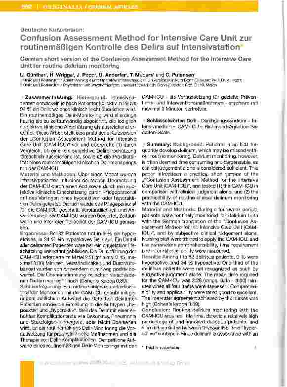 Vorschauseite 1: Confusion Assessment Method for Intensive Gare Unit zur routinemäßigen Kontrolle des Delirs auf Intensivstation