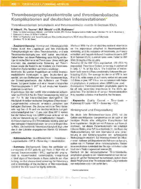 Vorschauseite 1: Thromboseprophylaxekontrolle und thrombembolische Komplikationen auf deutschen Intensivstationen