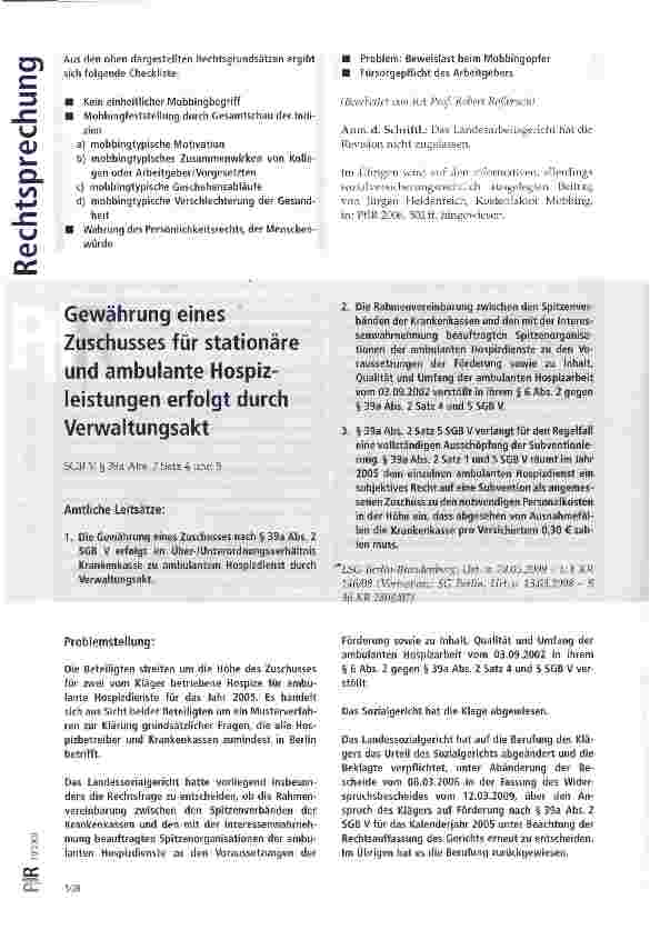 Vorschauseite 1: Gewährung eines Zuschusses für stationäre und ambulante Hospizleistungen erfolgt durch Verwaltungsakt